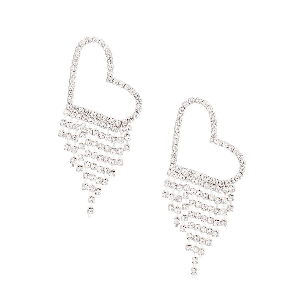 Large Silver Pave Heart Fringe Earrings for Women – Stylish Statement Jewelry