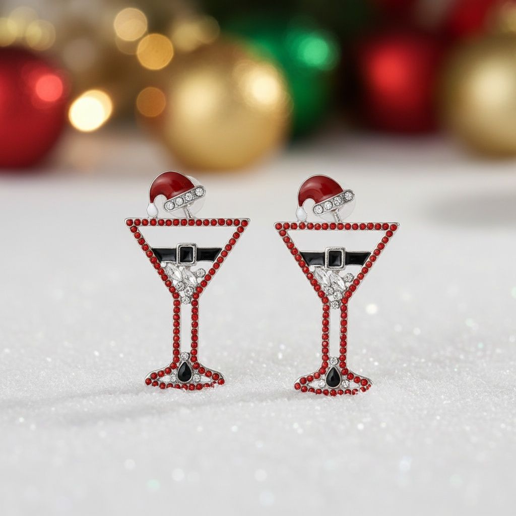 Silver Stud Earrings Red Tipsy Santa Martini Christmas Statement Jewelry