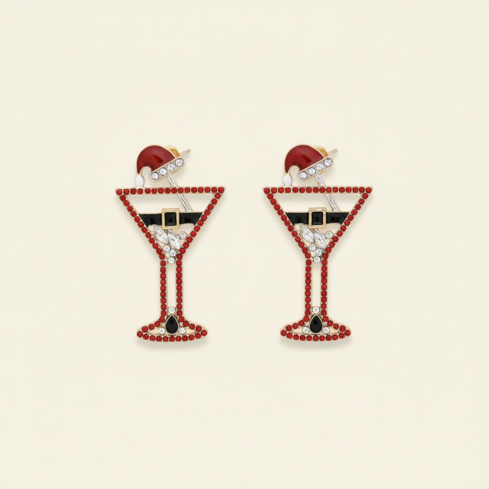 Silver Stud Earrings Red Martini Santa Tipsy Xmas Trendy Jewelry