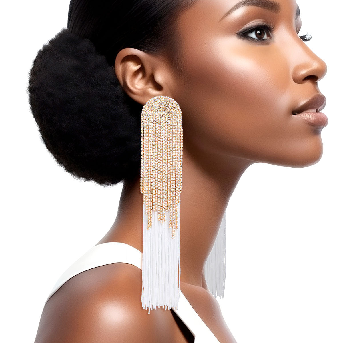 Women’s Statement Tassel Earrings White Long Fringe Chic Glam