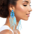 Women’s Blue Feather Tassel Glass Earrings Stylish Statement Jewelry