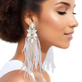 Women’s Glass Earrings with White Feather Tassel – Stylish Statement Jewelry