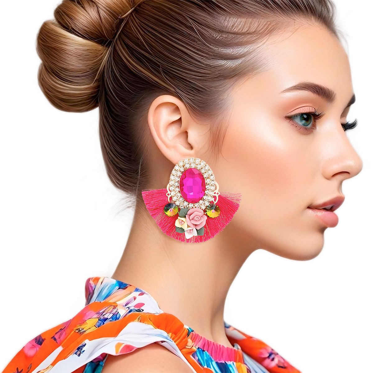Statement Fuchsia Crystal Fan Tassel Floral Stud Earrings Stylish Chic Jewelry