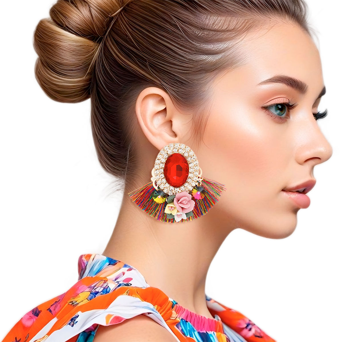 Multicolor Crystal Fan Tassel Floral Stud Earrings – Trendy Statement Jewelry
