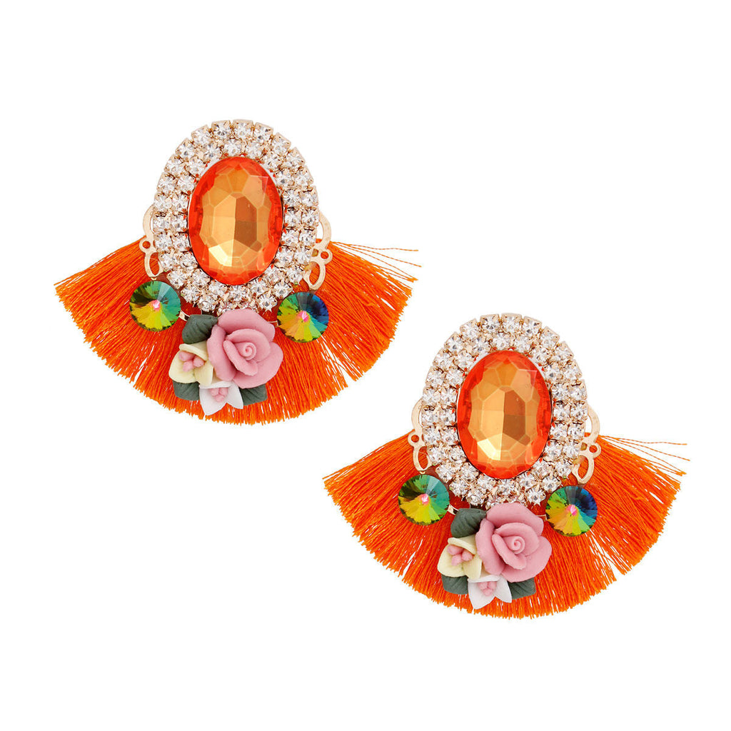Fan Tassel Floral Stud Earrings with Orange Crystal – Stylish Statement Jewelry