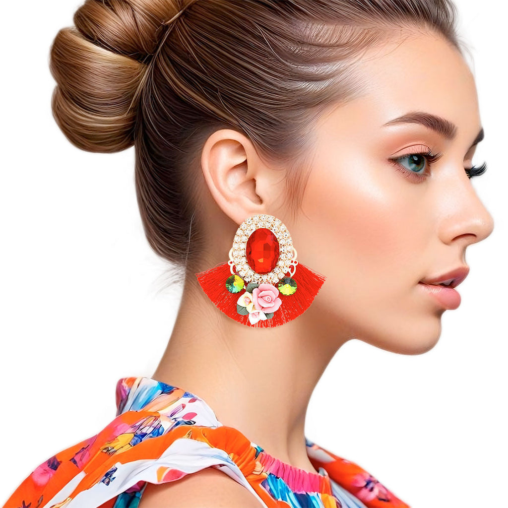 Fashion Earrings Red Crystal Fan Tassel Floral Studs Stylish Statement Jewelry