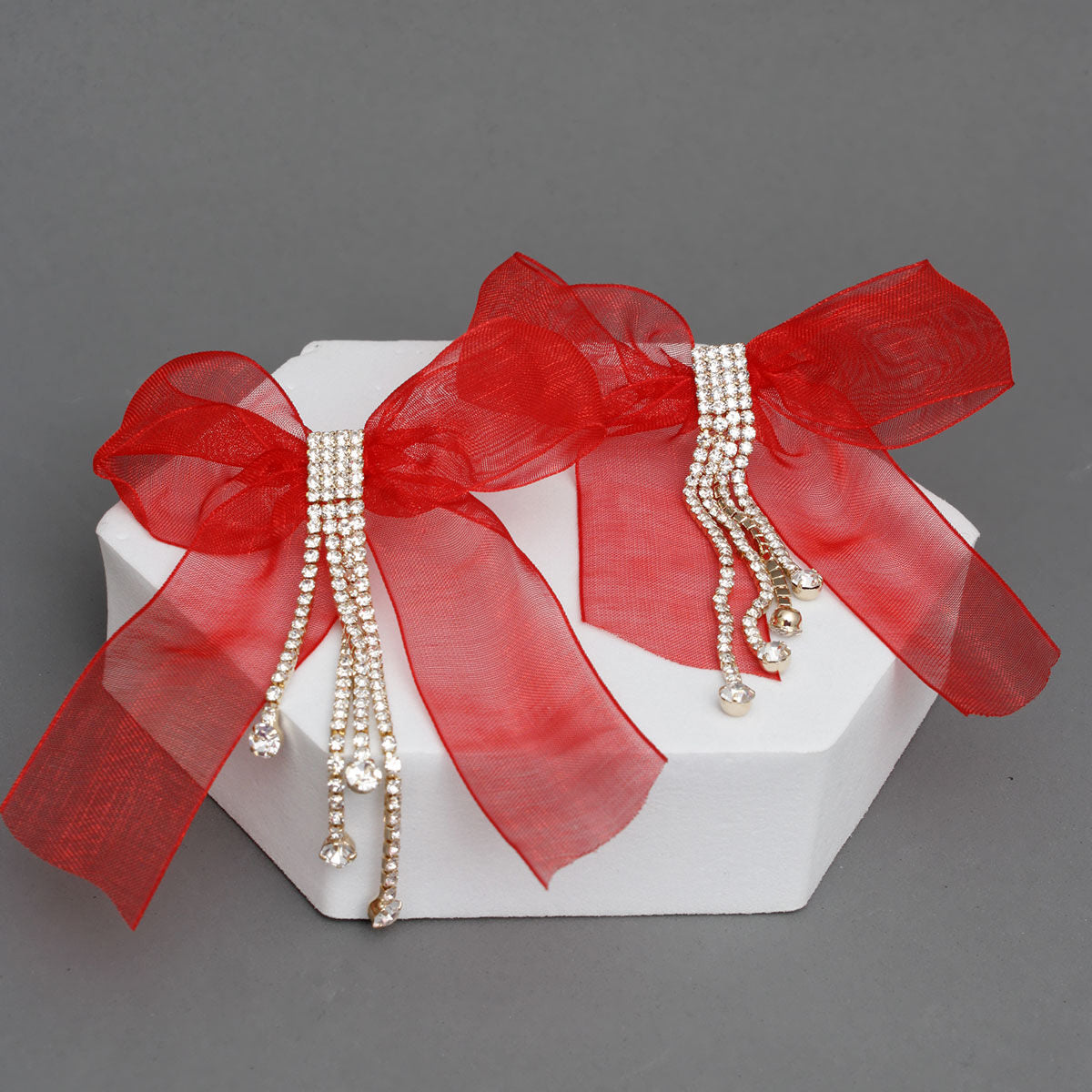 Statement Tassel Fringe Earrings with Red Ribbon Bow, Trendy Sparkling Design