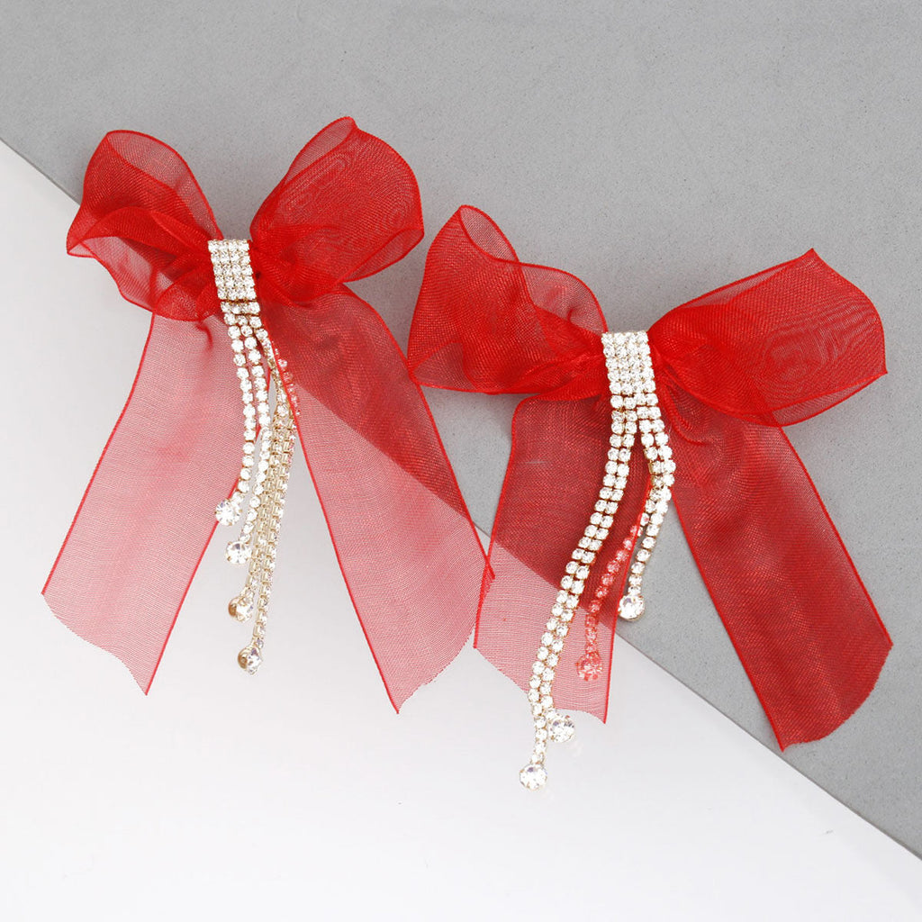 Statement Tassel Fringe Earrings with Red Ribbon Bow, Trendy Sparkling Design