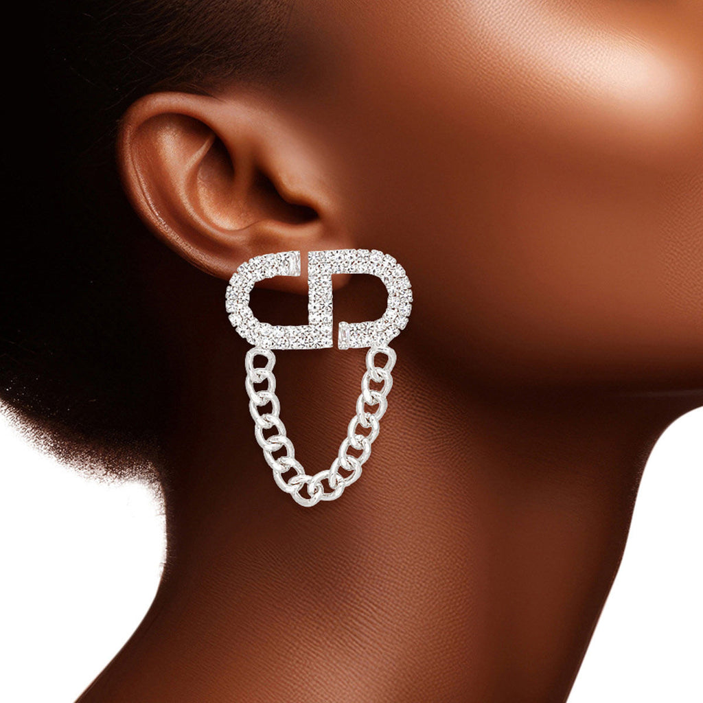 Women’s Silver Pave CD Draped Chain Stud Earrings Stylish Statement Jewelry