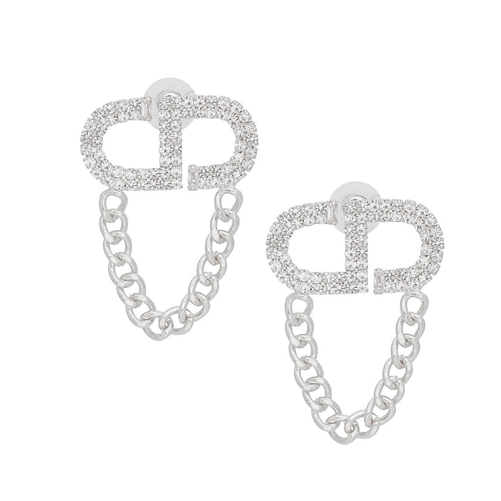 Women’s Silver Pave CD Draped Chain Stud Earrings Stylish Statement Jewelry