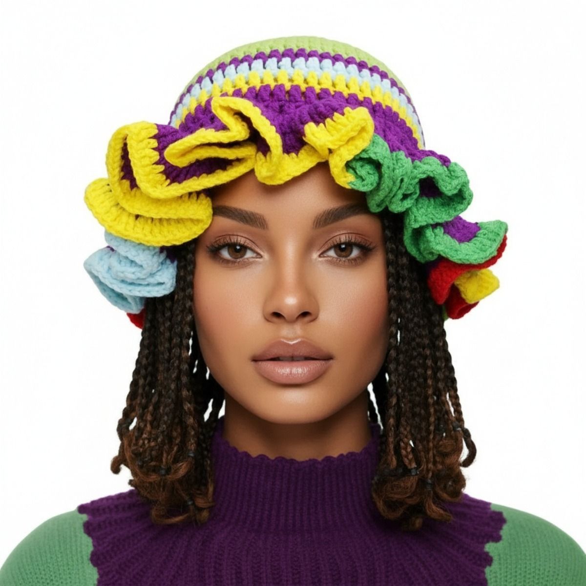 Women’s Crochet Bucket Hat Multicolor Ruffle Mardi Gras Stylish Accessory