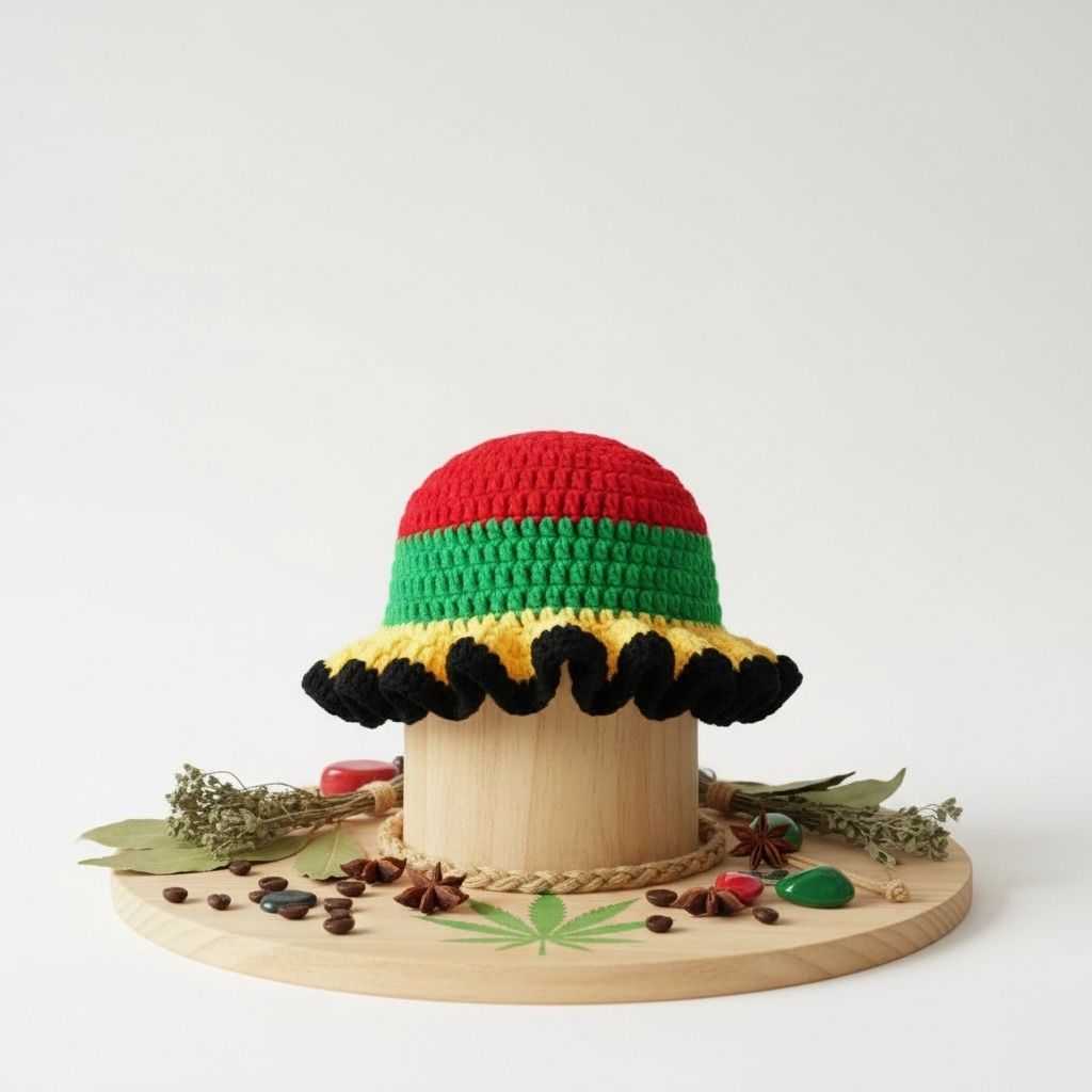Women’s Crochet Bucket Hat with Multicolor Ruffle Detail, Trendy Red Accessory