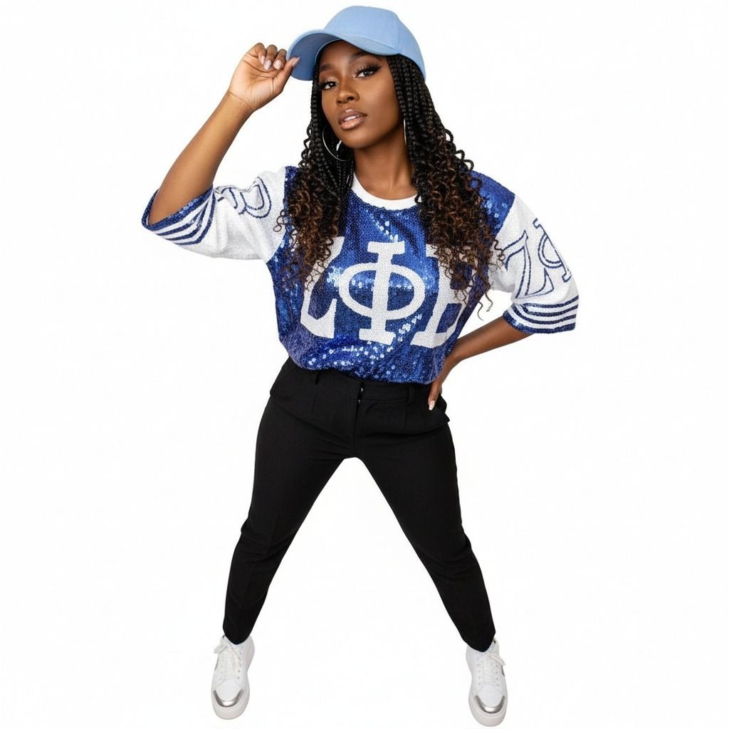 Women’s Sequin Jersey Shirt Blue and White Sorority Trendy Casual Top
