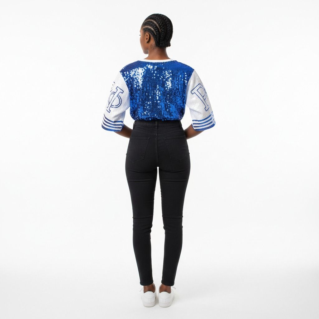 Women’s Sequin Jersey Shirt Blue and White Sorority Trendy Casual Top