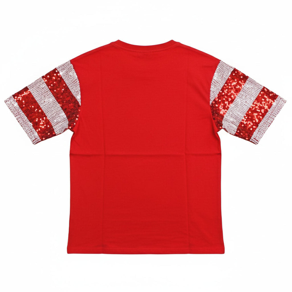 Women’s Jersey Holiday Cheer Sequin Xmas Shirt Red White Stylish