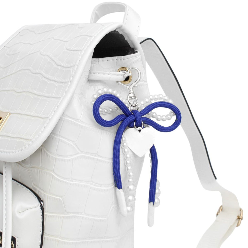 Bag Clip with White Pearl and Blue Cord Bow Heart – Stylish Accessory