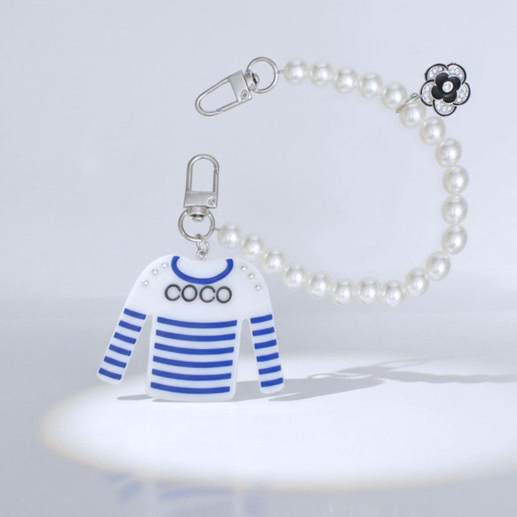 Fashion Keychain with White Blue Stripe COCO Shirt Pearl Clip Stylish Accessory