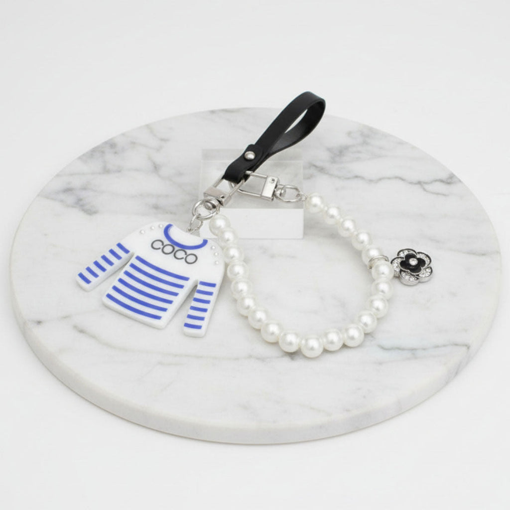 Fashion Keychain with White Blue Stripe COCO Shirt Pearl Clip Stylish Accessory