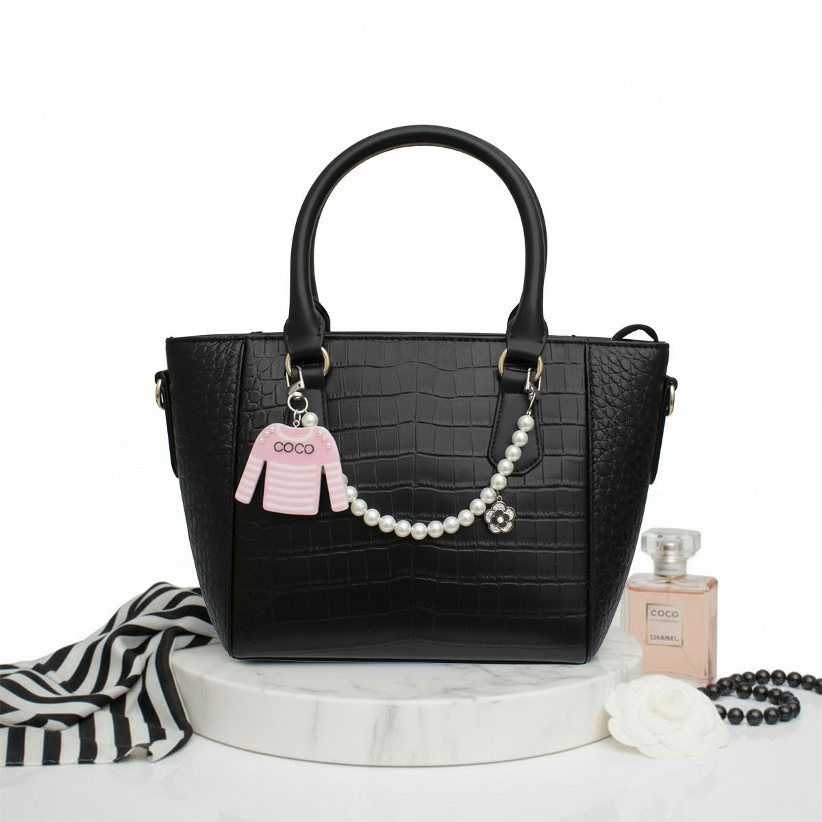 Fashion Keychain with Pink White Stripe COCO Shirt and Pearl Clip Accessory