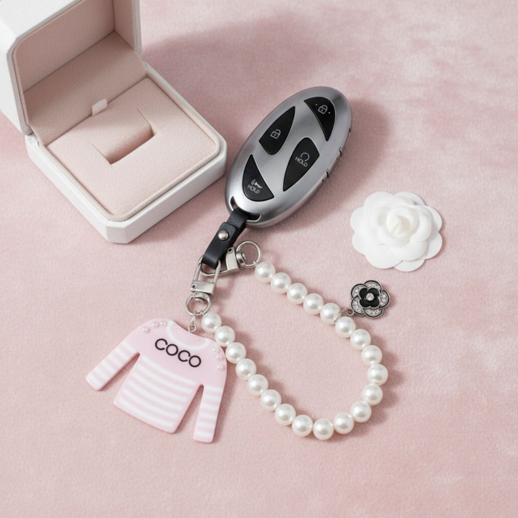 Fashion Keychain with Pink White Stripe COCO Shirt and Pearl Clip Accessory
