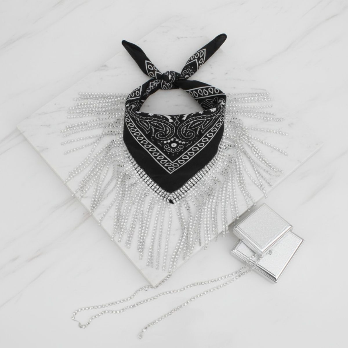 Statement Necklace Black Bandana Bling Fringe Stylish Accessory