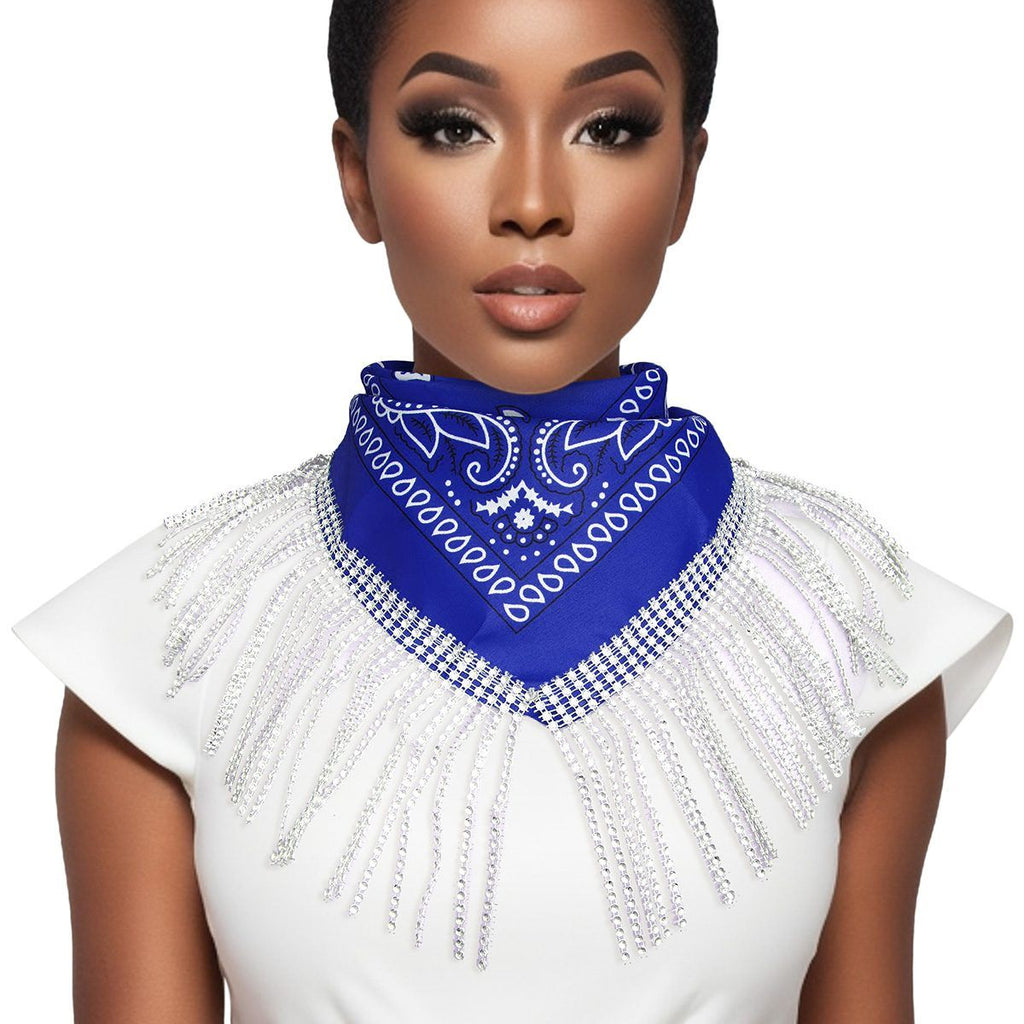 Statement Necklace Blue and White Bandana Bling Fringe Trendy Accessory