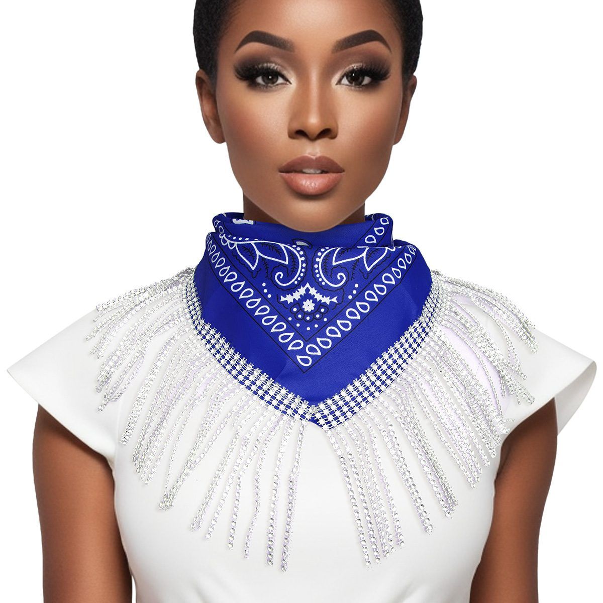 Statement Necklace Blue and White Bandana Bling Fringe Trendy Accessory