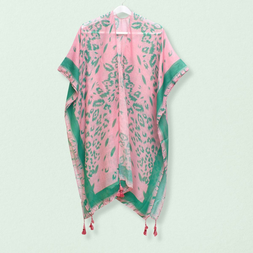 Women’s Structured Kimono Jacket Pink Green Leopard Print Trendy Casual