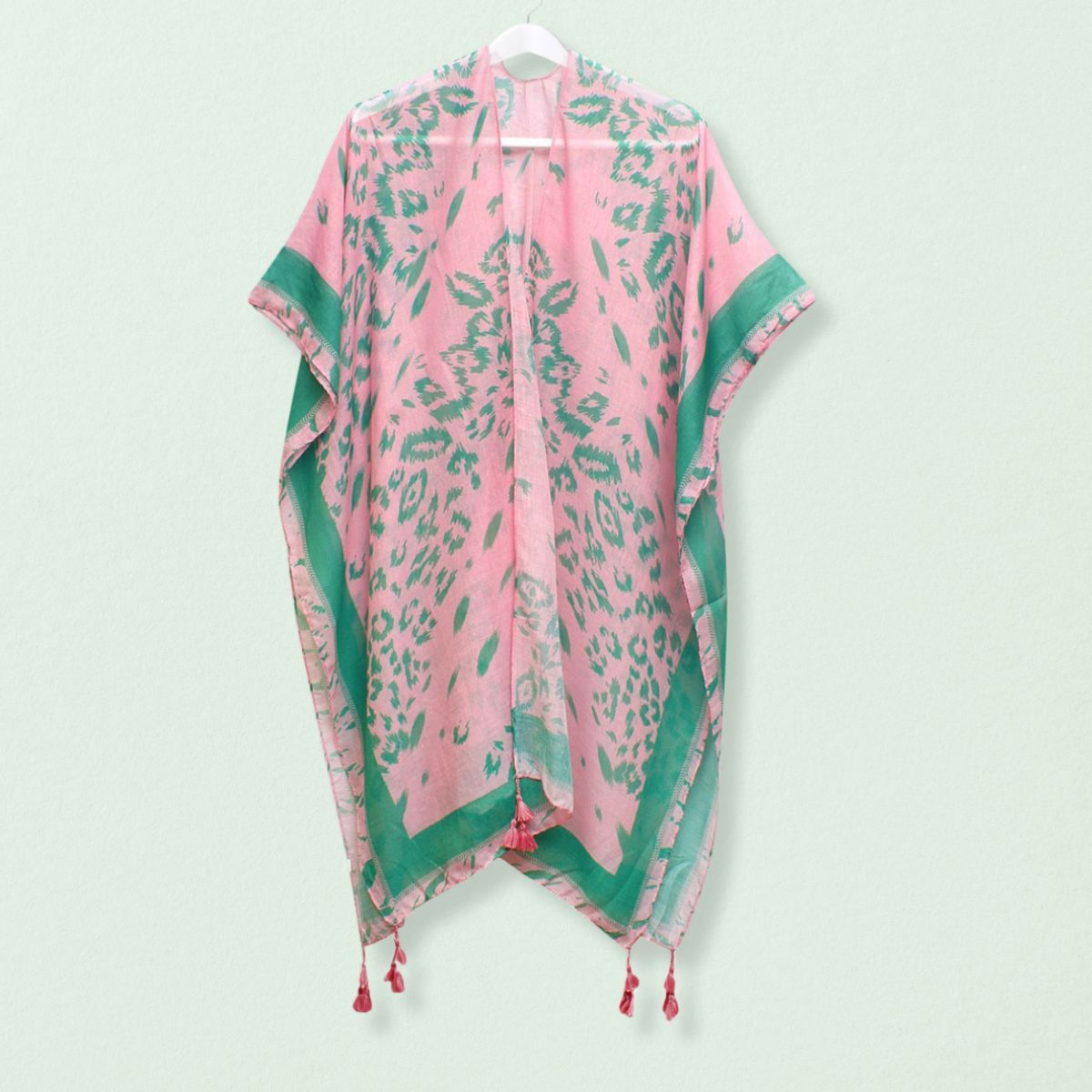 Women’s Structured Kimono Jacket Pink Green Leopard Print Trendy Casual