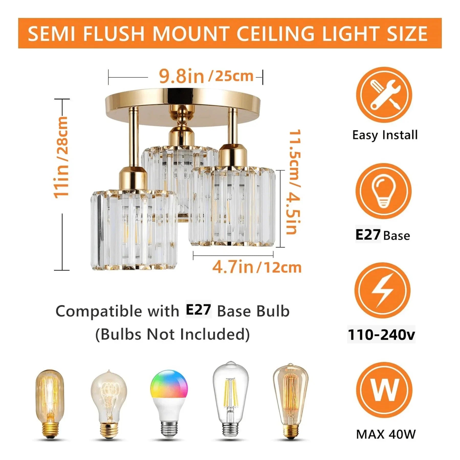 DecorBites™ Gold Crystal Semi-Flush Mount Ceiling Light