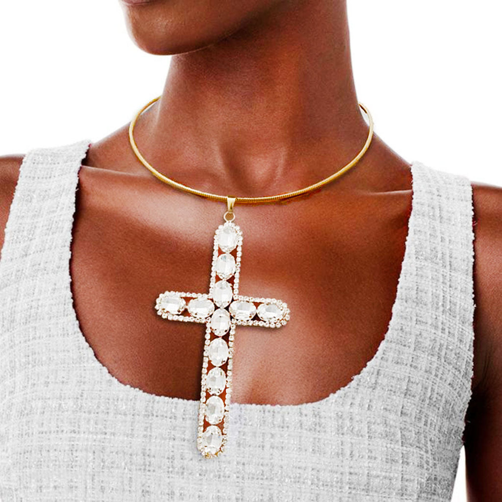 Statement Necklace Gold Rigid Collar Elegant Cross Pendant