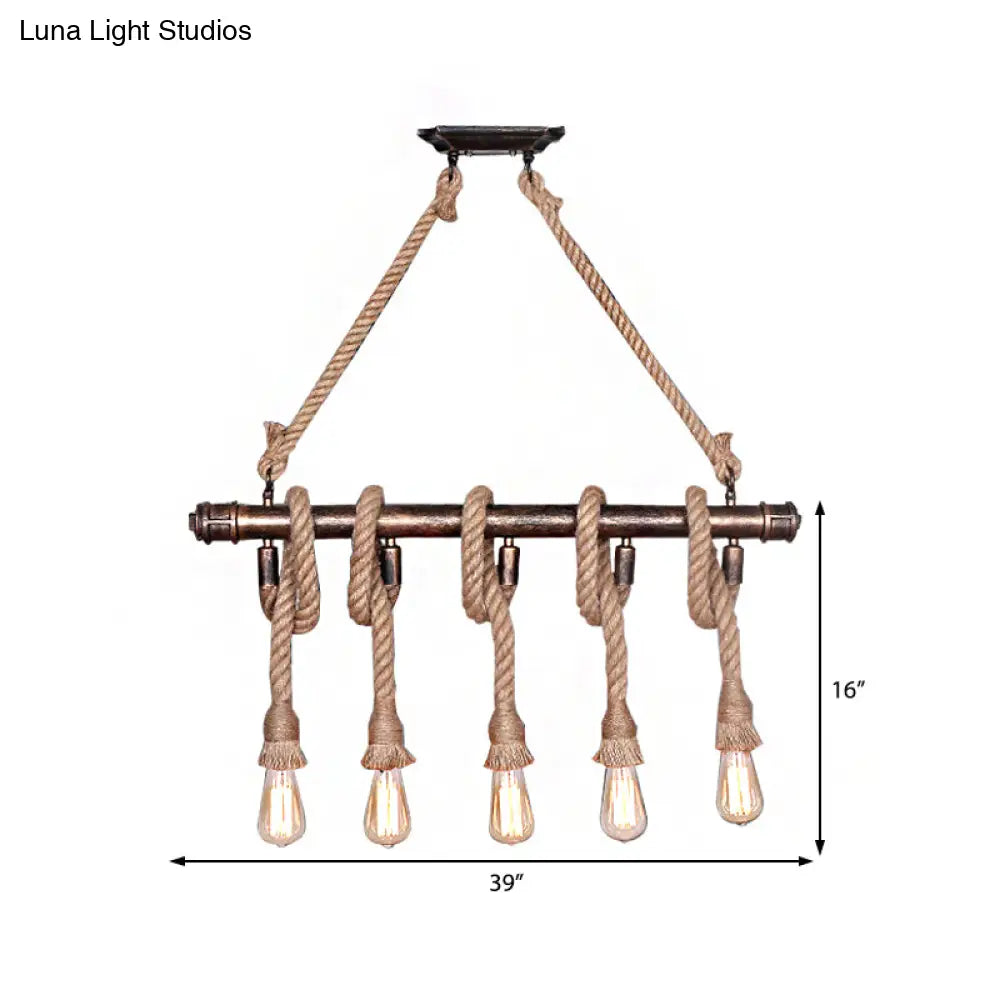DecorBites™ Industrial Beige Metal Island Pendant Light for Dining Room with Rope Accent - 3/5 Heads Open Bulb, Warehouse Style