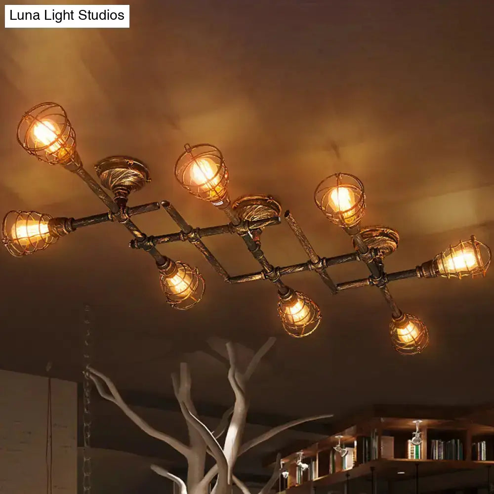 DecorBites™ Industrial Intersecting Piping Ceiling Light - Iron Semi Flush Mounted with Cage Guard, Brass Finish (4/5/8 Heads)