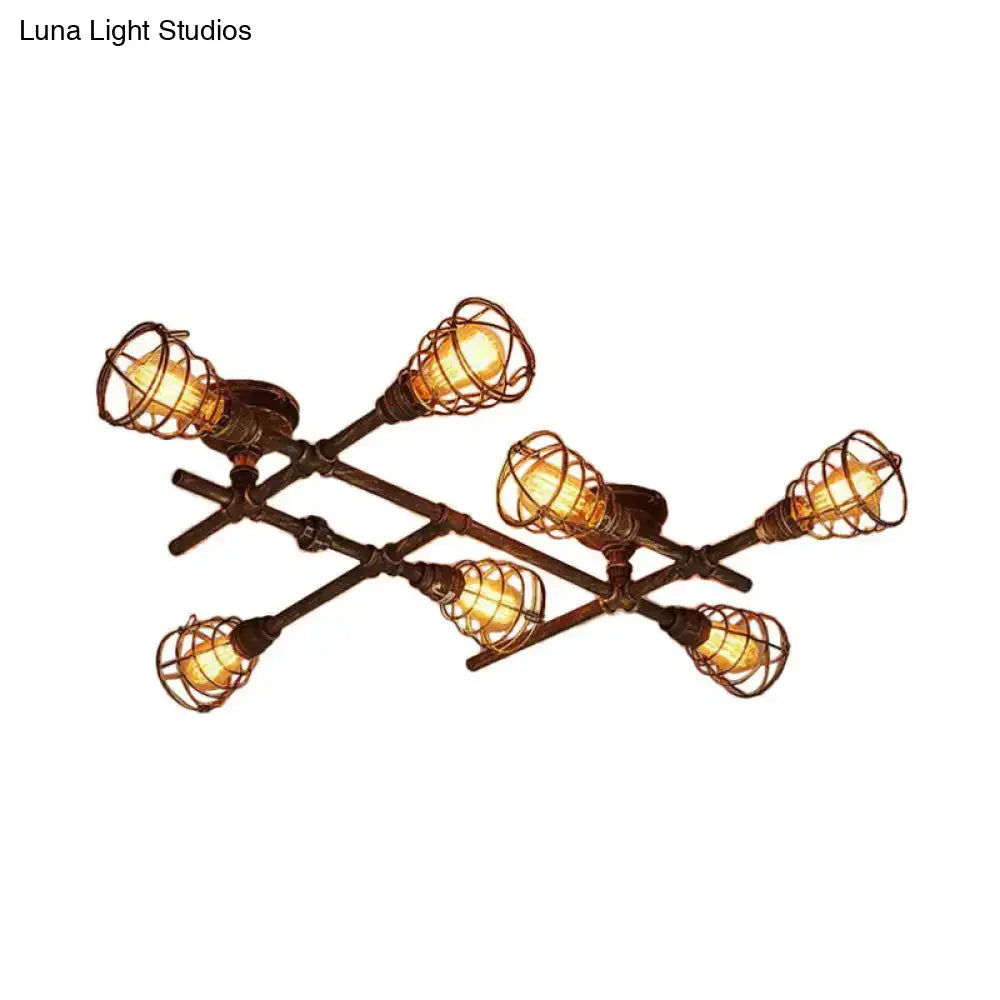 DecorBites™ Industrial Intersecting Piping Ceiling Light - Iron Semi Flush Mounted with Cage Guard, Brass Finish (4/5/8 Heads)