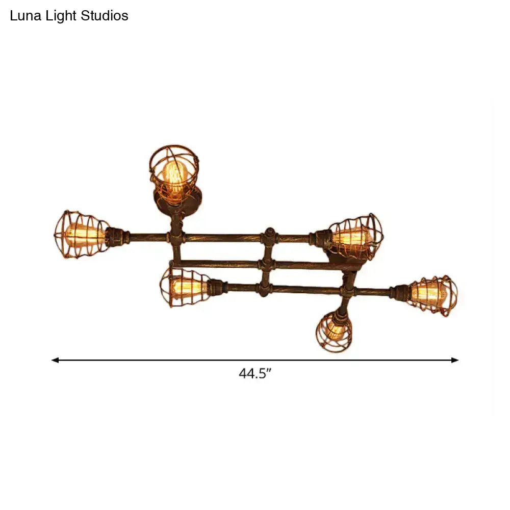 DecorBites™ Industrial Intersecting Piping Ceiling Light - Iron Semi Flush Mounted with Cage Guard, Brass Finish (4/5/8 Heads)