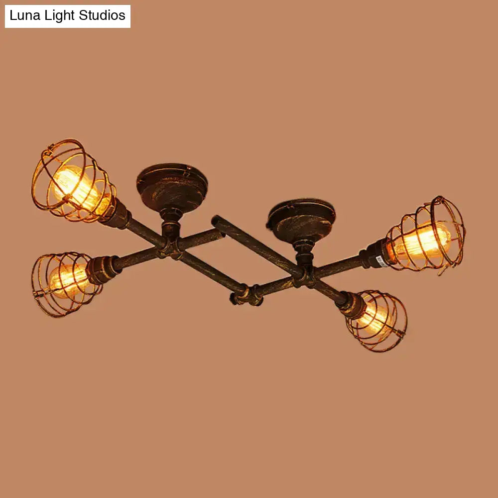 DecorBites™ Industrial Intersecting Piping Ceiling Light - Iron Semi Flush Mounted with Cage Guard, Brass Finish (4/5/8 Heads)