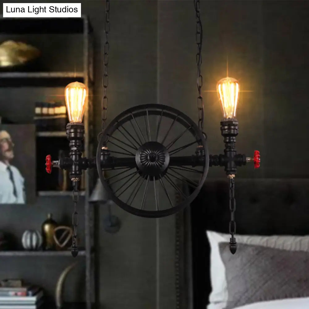 DecorBites™ Industrial Iron Hanging Light Fixture - Wheel Piping, 2/3/4 Heads, Black - for Living Room Island