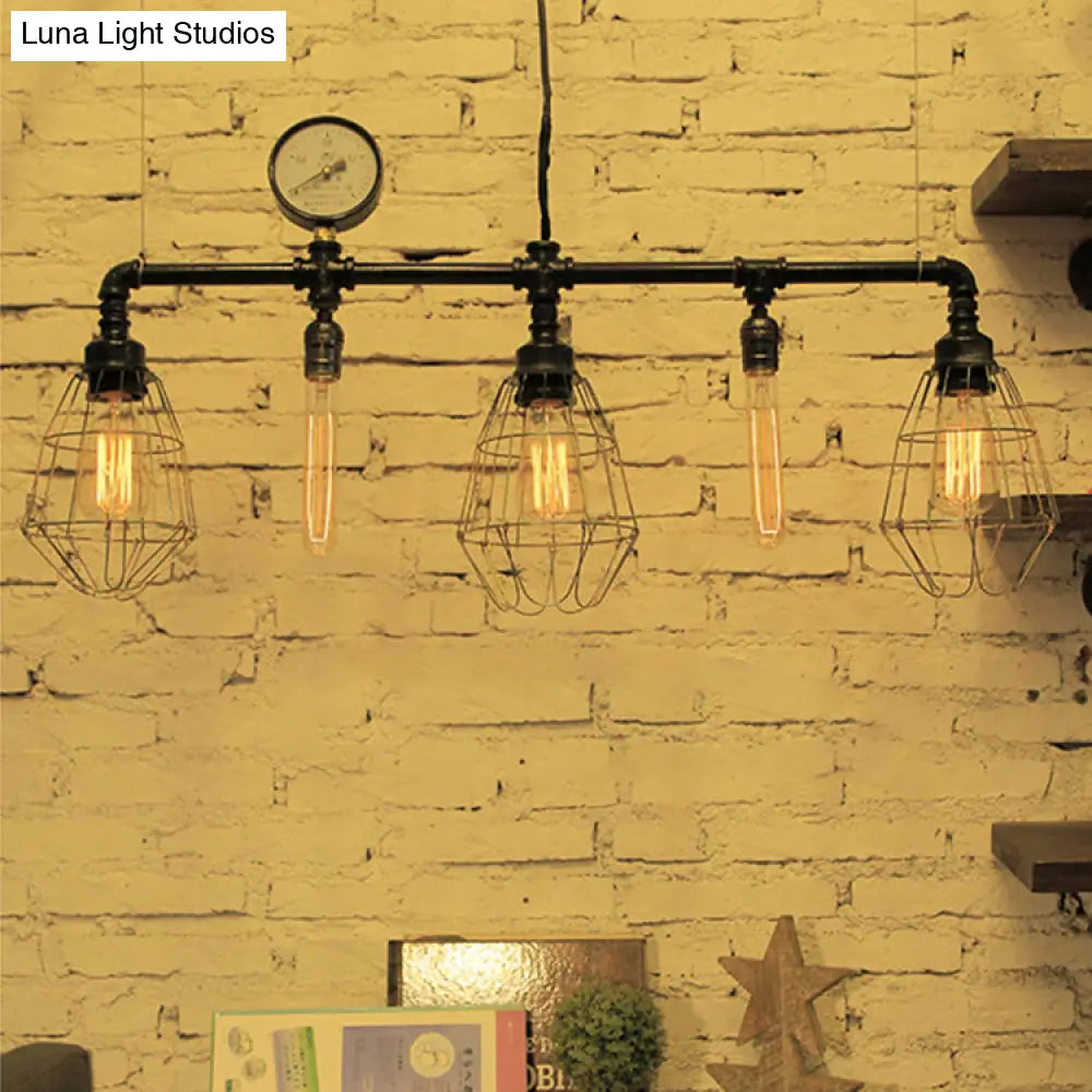 DecorBites™ Industrial Metal Piping Island Ceiling Light with Wire Guard - 5-Bulb Pendant Lighting for Dining Room, Black