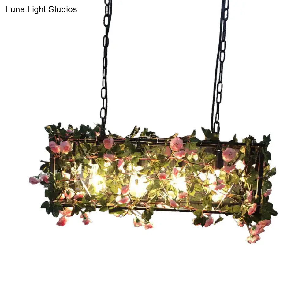 DecorBites™ Industrial Metal Rectangle LED Island Lamp - Black Finish, 4 Heads, Flower Design - for Restaurant