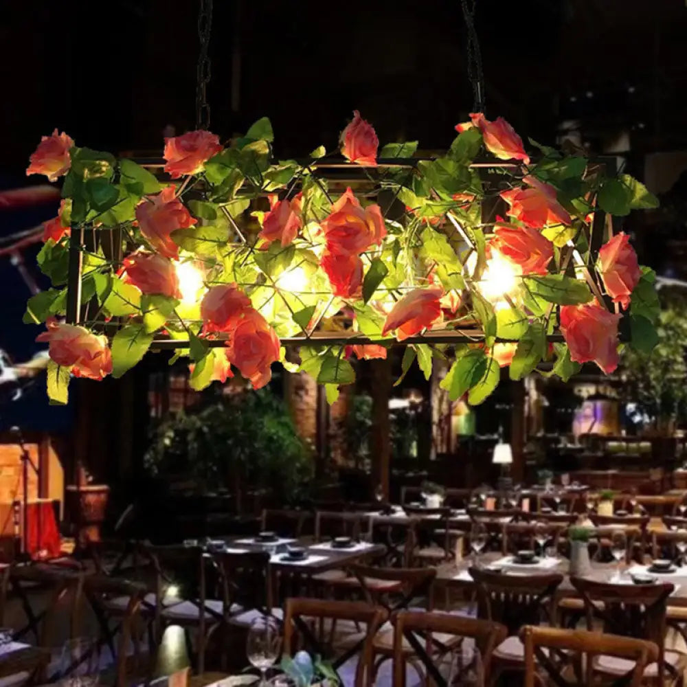 DecorBites™ Industrial Rectangular Metal Black Island Pendant Light with 4 Bulbs and LED Ceiling Suspension