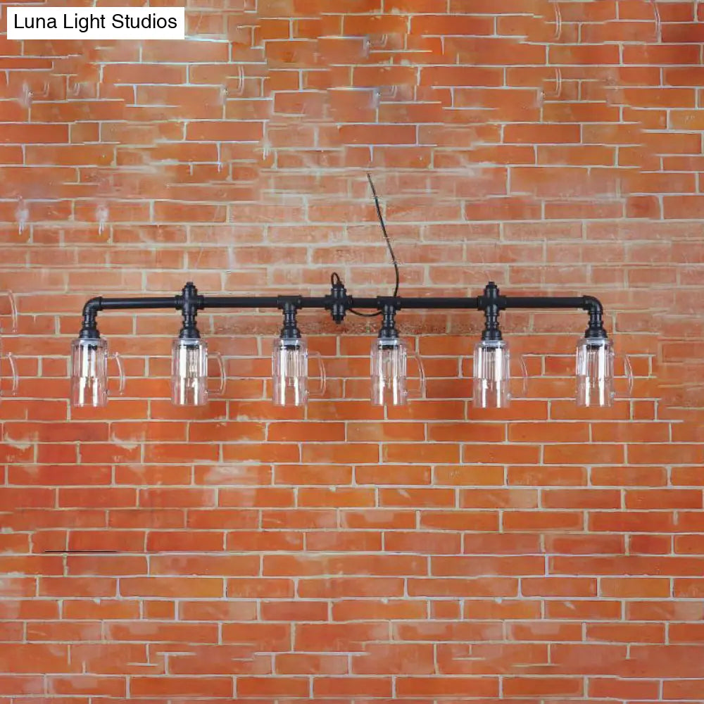DecorBites™ Industrial Restaurant Island Ceiling Light - 6 Bulbs Suspended with Pipe and Beer Mug Glass Shade (Black)