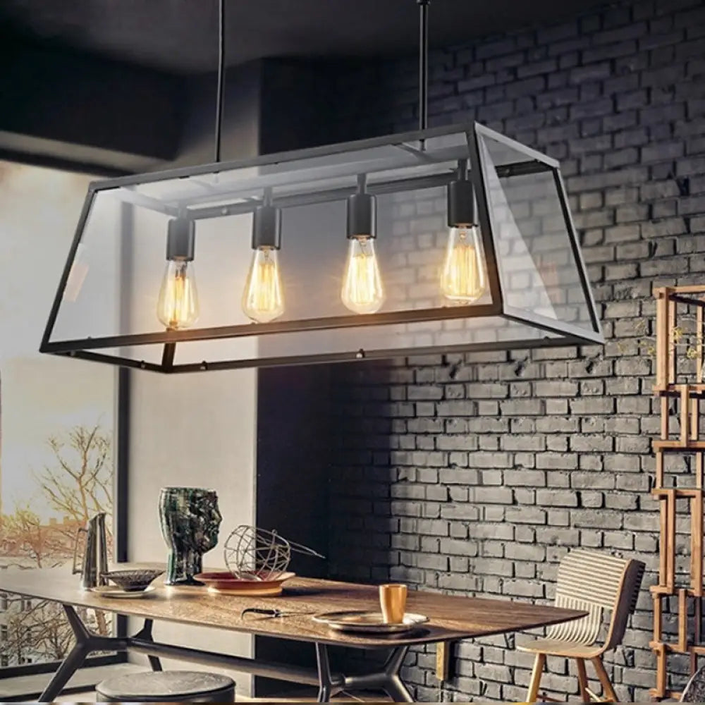 DecorBites™ Industrial Trapezoid 4-Light Island Lamp in Black with Clear Glass and Chain/Downrods