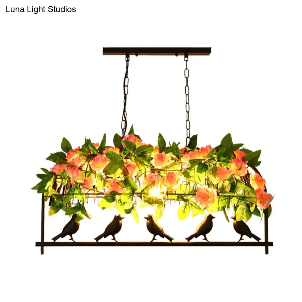 DecorBites™ Iron Industrial Birdcage Island Pendant with Down Lighting and Rose Decoration - Black Finish