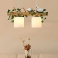 DecorBites™ Ivory Glass Wood Island Pendant - Industrial Style with Maple/Green Leaf and Bird Décor - 2/3 Bulbs