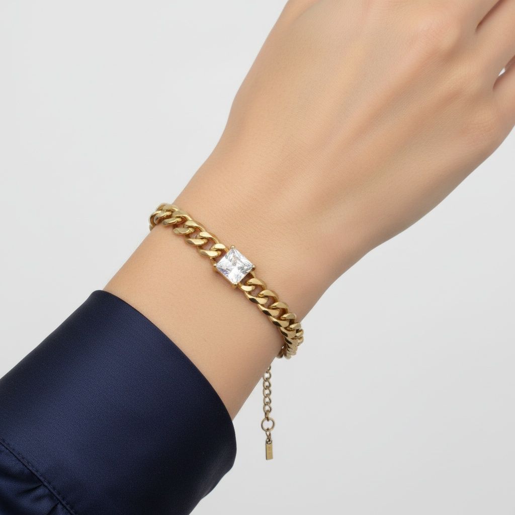 Cuban Chain Bracelet 18K Gold Steel with Princess CZ – Stylish Statement Jewelry