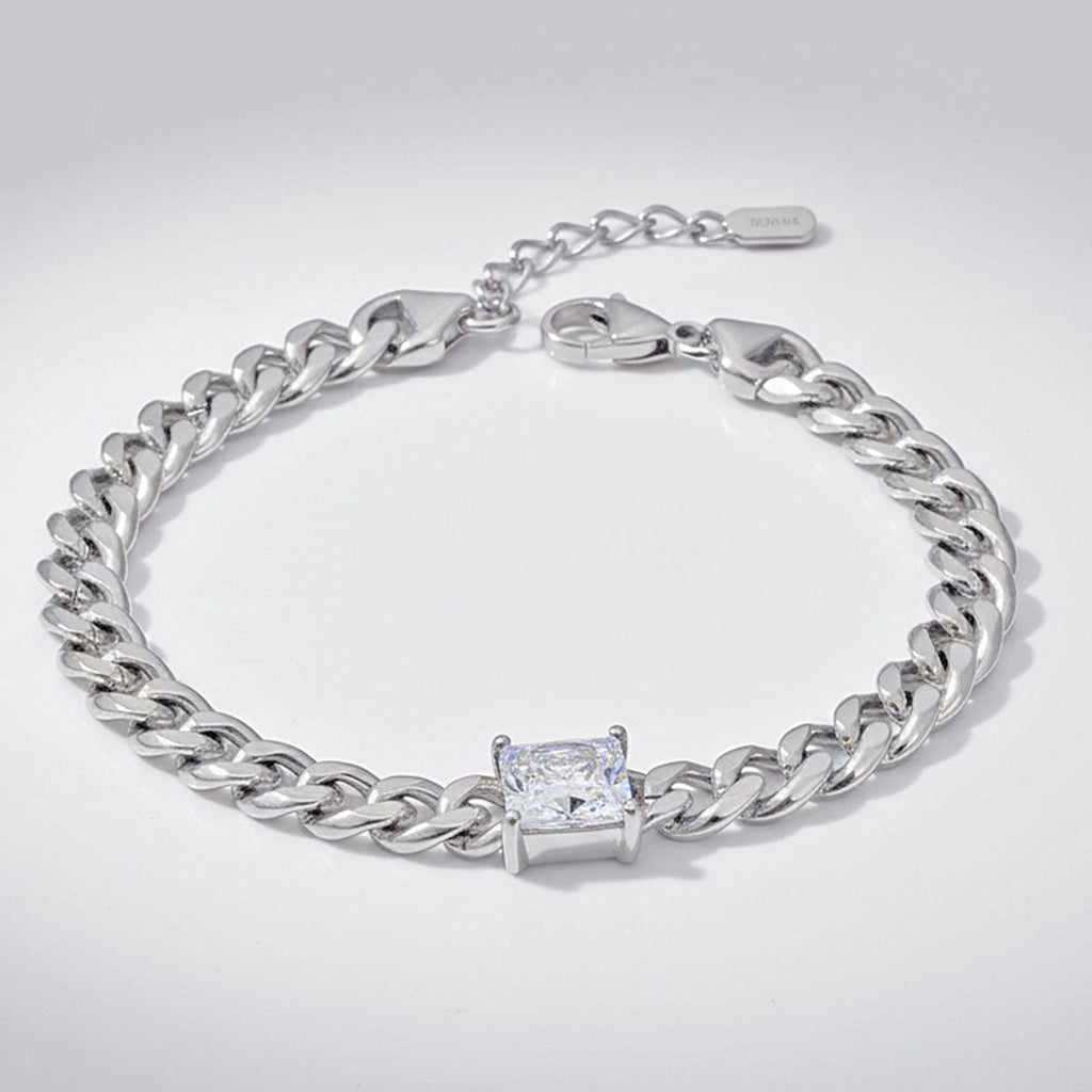 Cuban Chain Bracelet Silver Steel with Princess CZ – Stylish Statement Jewelry