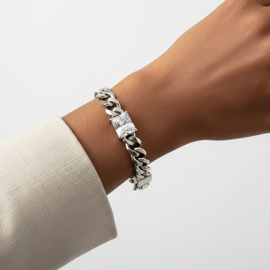 Cuban Chain Bracelet Silver Steel with Princess CZ – Stylish Statement Jewelry