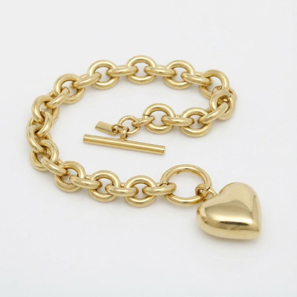 Toggle Heart Rolo Chain Bracelet 18K Gold Steel Stylish Chic Jewelry