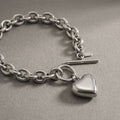 Bracelet Silver Steel Toggle Heart Rolo Chain Stylish Jewelry Accessory