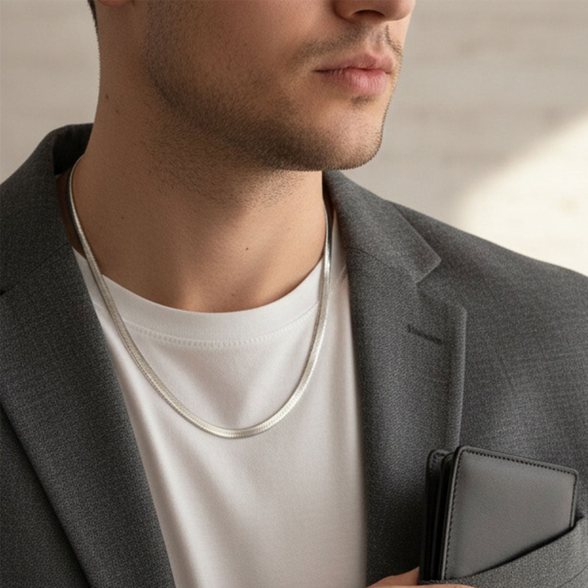 Men’s Stainless Steel Herringbone Chain Necklace 20in 6.5mm Stylish Chic